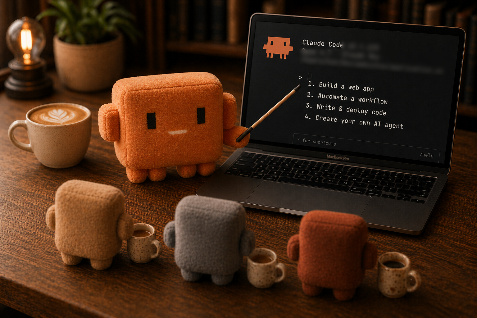 Orange teacher plushie with three student plushies around a laptop showing Claude Code