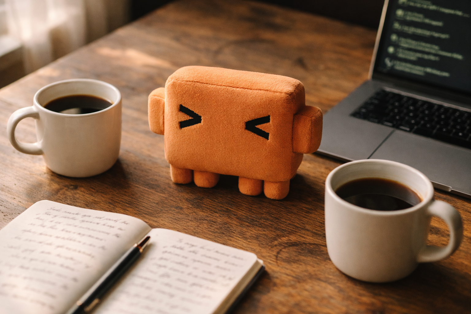 Claude plushie between two coffee cups on a wooden desk, with a notebook and laptop — ready to build together