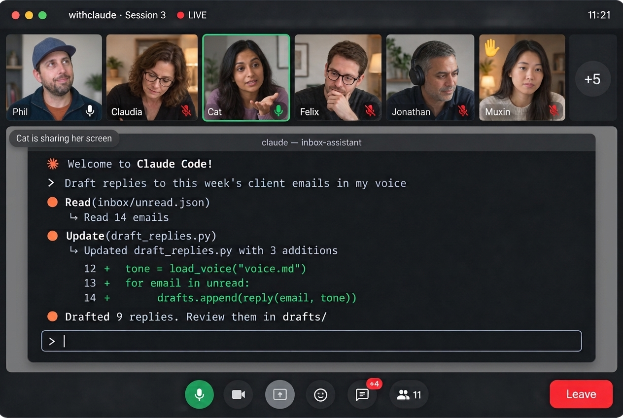 An imagined live session: Cat shares her screen running Claude Code while Phil and the group follow along on a video call.