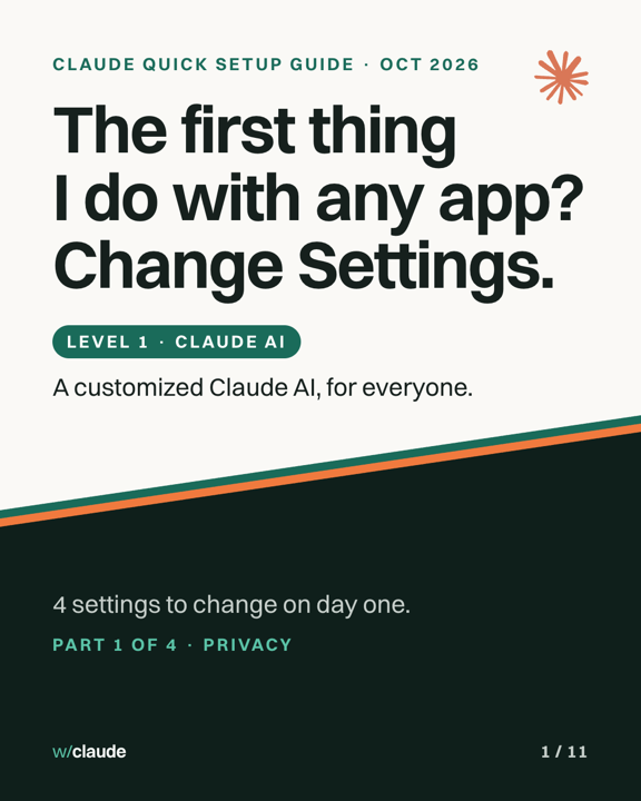 Cover slide of Part 1, Privacy, from the Claude quick setup guide