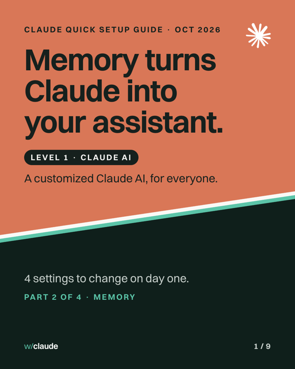 Cover slide of Part 2, Memory, from the Claude quick setup guide